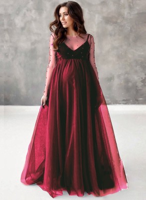 Spring Elegant Red Bubble Bead Mesh Long Sleeve Maternity Evening Dress