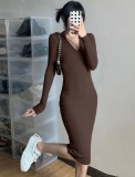 Spring Sexy Kahaki Deep V Neck Long Sleeve Slim Midi Dress
