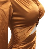 Women Spring Brown Satin Cut Out Crossed Ruched Mini Club Dress