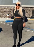 Women Spring Black Knitting Tight Fitting Crop Top and High Waist Pants Two Piece Set