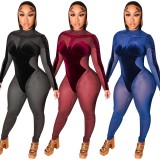 Women Spring Blue Velvet Patch Sexy Mesh Tight Fitting Party Jumpsuit