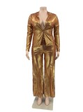 Women Spring Brown Sequins Blouse and Pants Plus Size Two Piece Suit