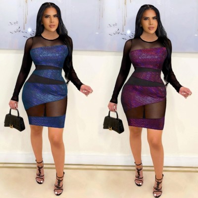 Women Spring Blue Patch Mesh Long Sleeve Sexy Party Dress