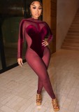 Women Spring Burgunry Velvet Patch Sexy Mesh Tight Fitting Party Jumpsuit