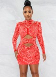 Women Spring Red Beaded Hollow Out Long Sleeve Mini Club Dress