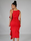 Women Summer Red Sleeveless Ruffles Midi Party Dress