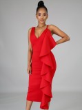 Women Summer Red Sleeveless Ruffles Midi Party Dress