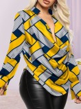 Women Spring Yellow Plaid Print Deep-V Long Sleeve Formal Blouse