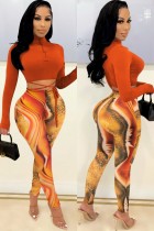 Women Spring Orange Tight Crop Top and Print High Waist Leggings Two Piece Set