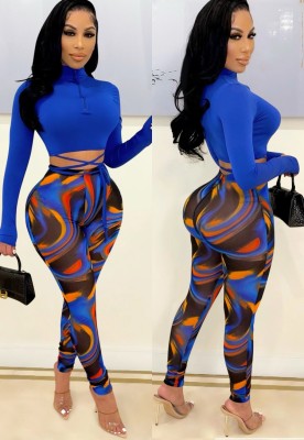 Women Spring Blue Tight Crop Top and Print High Waist Leggings Two Piece Set