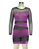 Women Spring Purple Patch Mesh Long Sleeve Sexy Party Dress