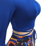 Women Spring Blue Tight Crop Top and Print High Waist Leggings Two Piece Set