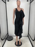 Women Summer Black Sleeveless Ruffles Midi Party Dress