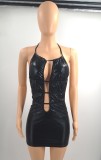 Women Summer Black Hollow Out Strap Sexy Party Leather Rompers