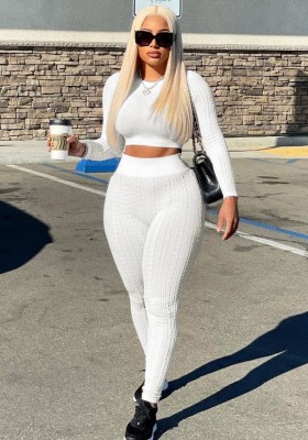 Women Spring White Knitting Tight Fitting Crop Top and High Waist Pants Two Piece Set