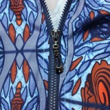 Women Spring Blue Print Front Zipper Long Sleeve Casual Jumpsuit
