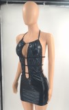 Women Summer Black Hollow Out Strap Sexy Party Leather Rompers