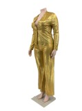 Women Spring Yellow Sequins Blouse and Pants Plus Size Two Piece Suit