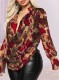 Women Spring Snake Skin Print Deep-V Long Sleeve Formal Blouse