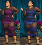 Women Spring Purple Patch Mesh Long Sleeve Sexy Plus Size Party Dress