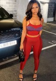 Women Summer Red Knit Tight Fitting Strap Vest and Pants Two Piece Set