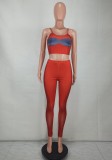 Women Summer Red Knit Tight Fitting Strap Vest and Pants Two Piece Set