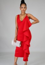 Women Summer Red Sleeveless Ruffles Midi Party Dress