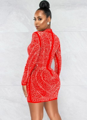 Women Spring Red Beaded Hollow Out Long Sleeve Mini Club Dress