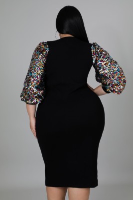 Spring Women Elegant Plus Size Multicolor Sequins Long Sleeve Round Neck Black Midi Dress