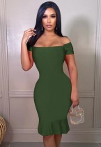 Summer Women Elegant Green Off Shoulder Slim Bodycon Mermaid Midi Dress