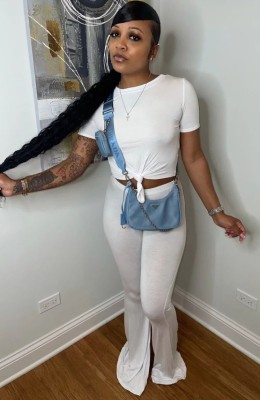 Summer Women Casual White Round Neck Long Sleeve Crop Basic T-Shirt and Match Flare Pants Cheap Wholesale Two Piece Sets