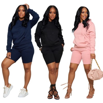 Spring Women Casual Blue Long Sleeve Pocket Hoodies and Match Shorts Wholesale Two Piece Short Set