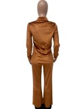 Spring Women Orange Turn Down Collar Button Up Long Sleeve Ruched Blouse and Wide-Leg Pants Wholesale Two Piece Sets