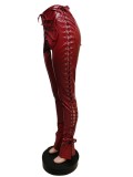 Spring Women Sexy Red High Waist Lace-up Slim Fit Faux PU Leather Pants