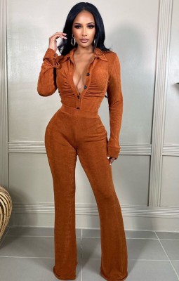 Spring Women Orange Turn Down Collar Button Up Long Sleeve Ruched Blouse and Wide-Leg Pants Wholesale Two Piece Sets