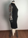 Spring Women Elegant Plus Size Multicolor Sequins Long Sleeve Round Neck Black Midi Dress