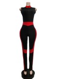 Spring Women Red Color Blocking Round Neck Sleeveless Zipper Up Fitness Jumpsuit