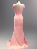 Spring Women Elegant Pink Rhinestone Beaded V Neck Short Sleeve Slit Formal Cocktail Evening Dress