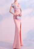 Spring Women Elegant Pink Rhinestone Beaded V Neck Short Sleeve Slit Formal Cocktail Evening Dress