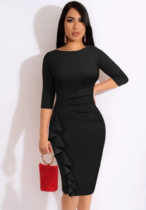 Summer Women Elegant Black Round Neck Half Sleeve Ruffled Bodycon Midi Dress