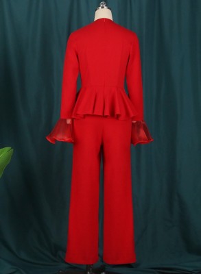 Spring Women Elegant Red V Neck Stitching Mesh Flare Sleeve Pleated Top and High Waist Wide-Leg Pants Set Wholesale Two Piece Outfits