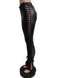 Spring Women Sexy Brown High Waist Lace-up Slim Fit Faux PU Leather Pants