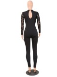 Spring Women Sexy Black Sequins See Through V Neck Long Sleeve Slim Fit Club Jumpsuit