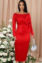 Spring Women Elegant Red Big Bow Off Shoulder Long Sleeve Chic Slit Party Dress