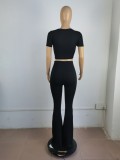 Summer Women Casual Black Round Neck Long Sleeve Crop Basic T-Shirt and Match Flare Pants Cheap Wholesale Two Piece Sets