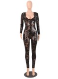 Spring Women Sexy Black Sequins See Through V Neck Long Sleeve Slim Fit Club Jumpsuit