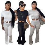 Summer Women Casual Gray Round Neck Long Sleeve Crop Basic T-Shirt and Match Flare Pants Cheap Wholesale Two Piece Sets