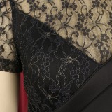 Spring Women Elegant Black Lace Patch Round Neck Short Sleeve Mermaid Evening Dresws
