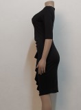 Summer Women Elegant Black Round Neck Half Sleeve Ruffled Bodycon Midi Dress