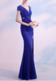 Spring Women Elegant Blue Rhinestone Beaded V Neck Short Sleeve Slit Formal Cocktail Evening Dress